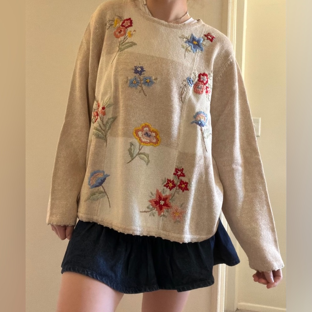 Beige Floral Embroidered Sweater